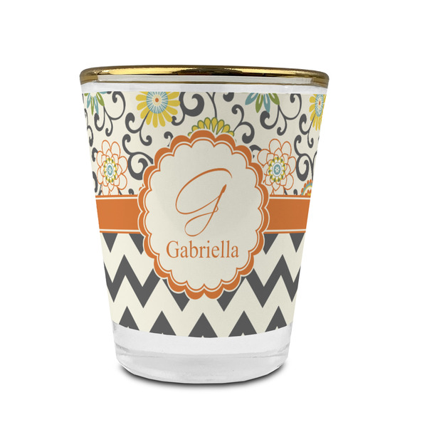Swirls, Floral & Chevron Glass Shot Glass - With gold rim - FRONT