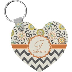 Swirls, Floral & Chevron Heart Plastic Keychain w/ Name and Initial