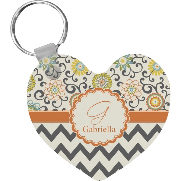 Custom Swirls, Floral & Chevron Heart Plastic Keychain w/ Name and Initial