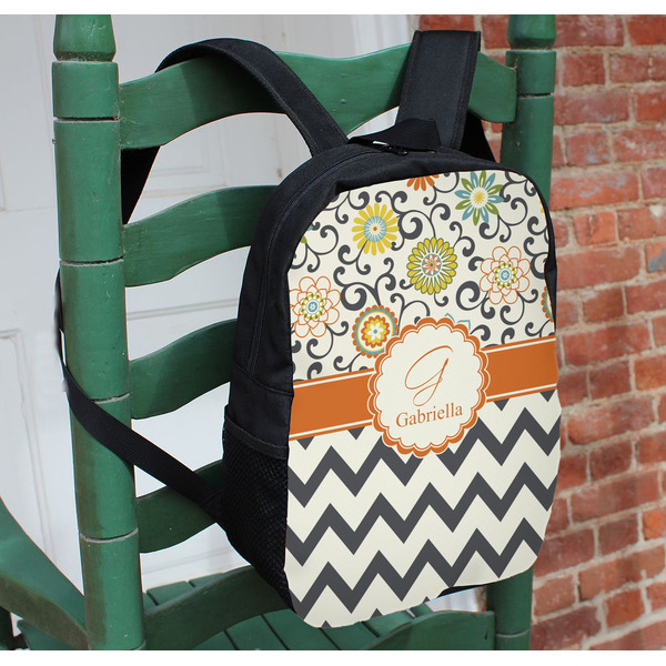 Swirls, Floral & Chevron Kids Backpack - In Context