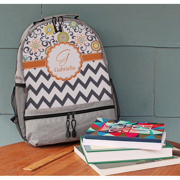 Swirls, Floral & Chevron Large Backpack - Gray - On Desk