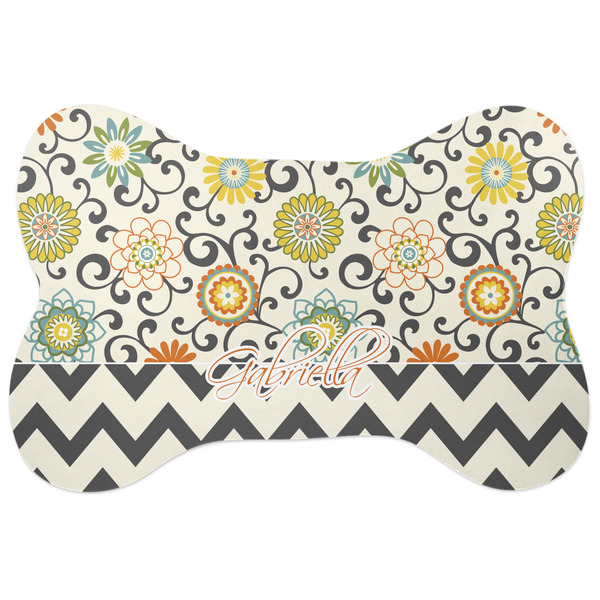 Custom Swirls, Floral & Chevron Bone Shaped Dog Food Mat (Large) (Personalized)