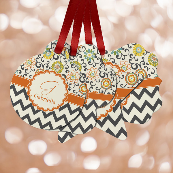 Custom Swirls, Floral & Chevron Metal Ornaments - Double Sided w/ Name and Initial