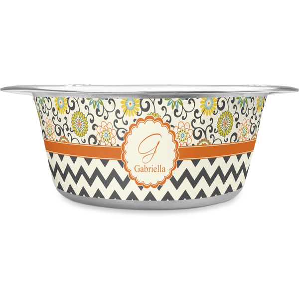 Custom Swirls, Floral & Chevron Stainless Steel Dog Bowl - Medium (Personalized)