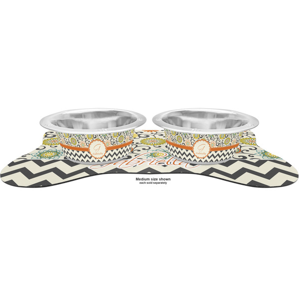Swirls, Floral & Chevron Metal Pet Bowls - On Dog Bone Shaped Mat