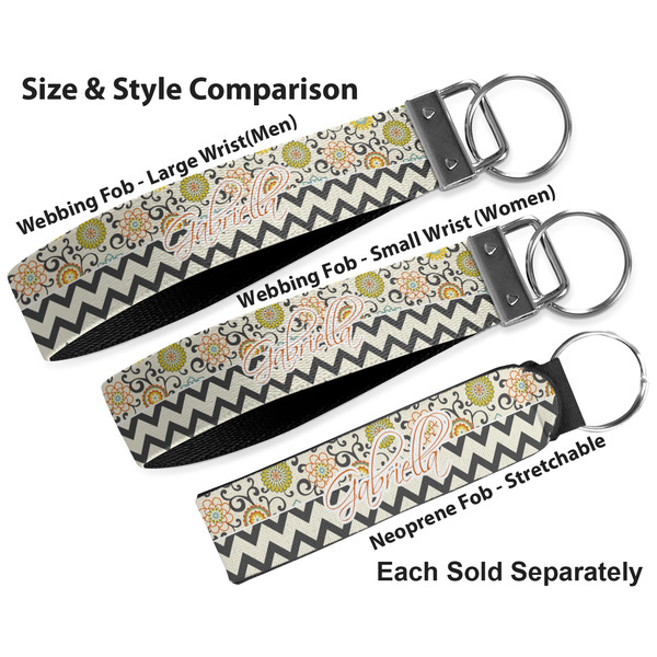 Swirls, Floral & Chevron Multiple Key Ring comparison sizes