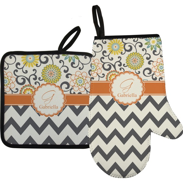 Custom Swirls, Floral & Chevron Right Oven Mitt & Pot Holder Set w/ Name and Initial