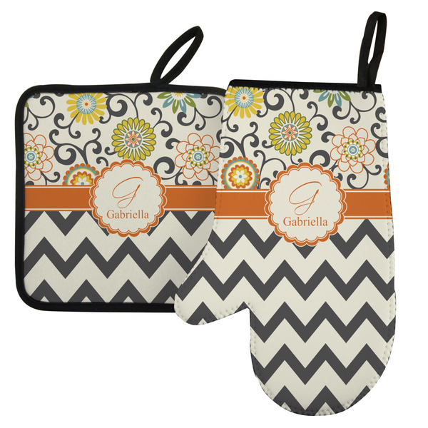 Custom Swirls, Floral & Chevron Left Oven Mitt & Pot Holder Set w/ Name and Initial