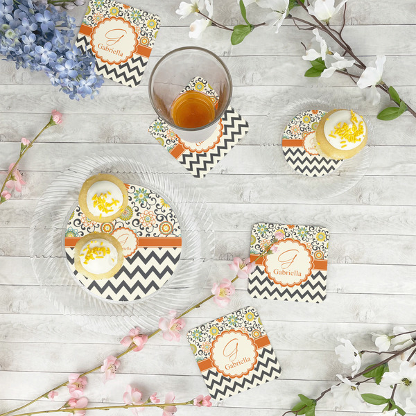 Swirls, Floral & Chevron Paper Coasters - In Context