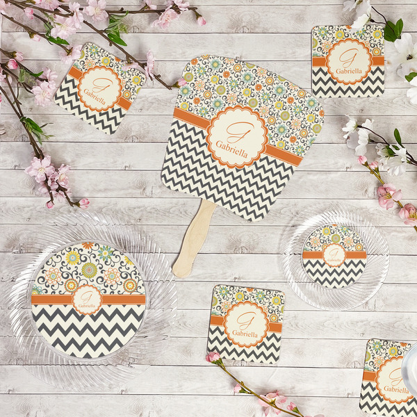 Swirls, Floral & Chevron Party Supplies Combination Image - All items - Plates, Coasters, Fans