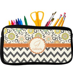 Swirls, Floral & Chevron Neoprene Pencil Case - Small w/ Name and Initial