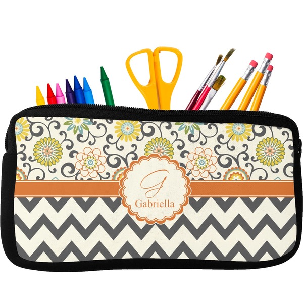 Custom Swirls, Floral & Chevron Neoprene Pencil Case - Small w/ Name and Initial
