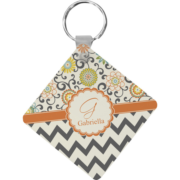 Custom Swirls, Floral & Chevron Diamond Plastic Keychain w/ Name and Initial