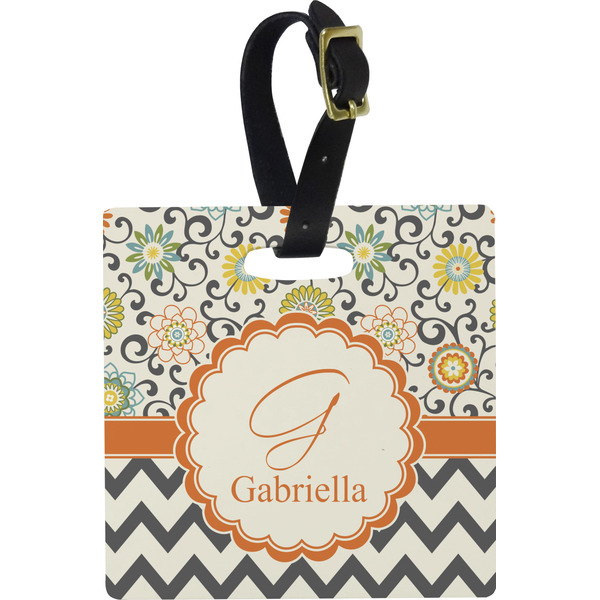 Custom Swirls, Floral & Chevron Plastic Luggage Tag - Square w/ Name and Initial