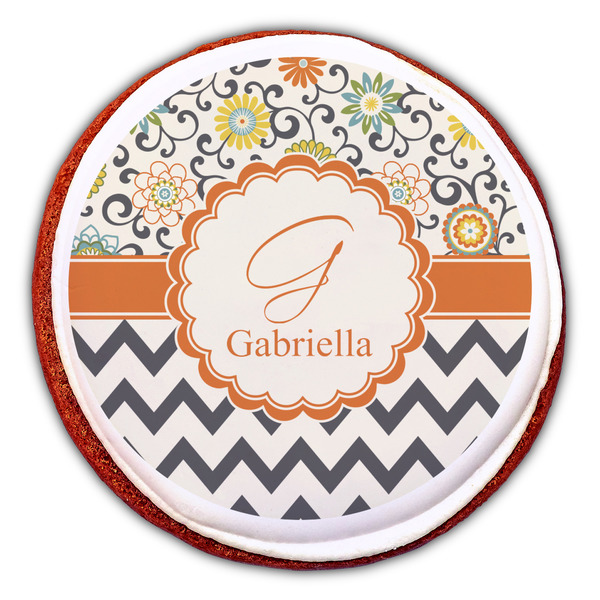 Swirls, Floral & Chevron Printed Icing Circle - Large - On Cookie