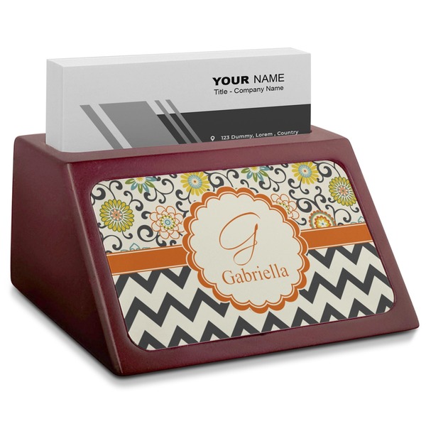 Custom Swirls, Floral & Chevron Red Mahogany Business Card Holder (Personalized)