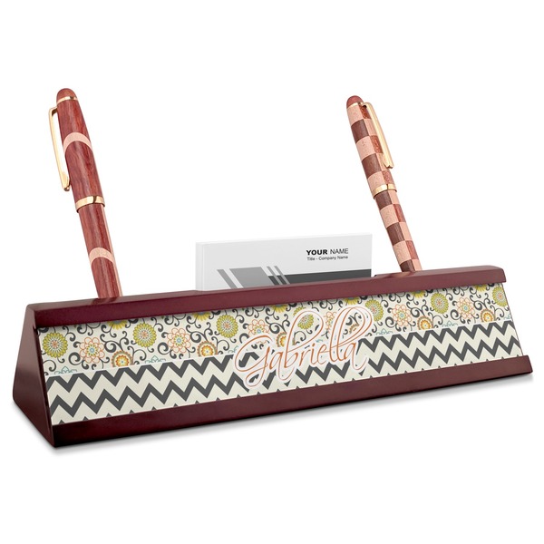 Custom Swirls, Floral & Chevron Red Mahogany Nameplate with Business Card Holder (Personalized)