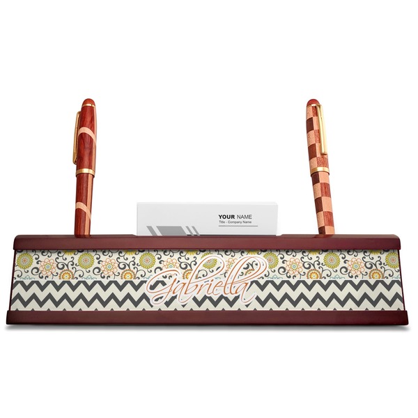 Swirls, Floral & Chevron Red Mahogany Nameplates with Business Card Holder - Straight