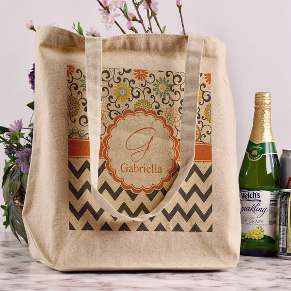 Swirls, Floral & Chevron Reusable Cotton Grocery Bag - In Context
