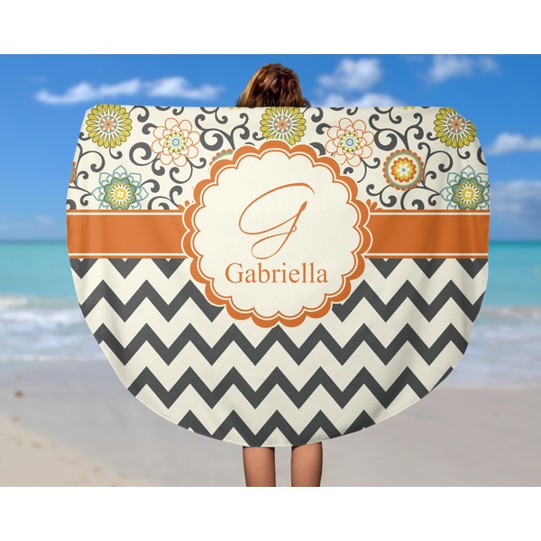 Swirls, Floral & Chevron Round Beach Towel - In Use