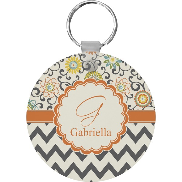Swirls, Floral & Chevron Round Keychain (Personalized)