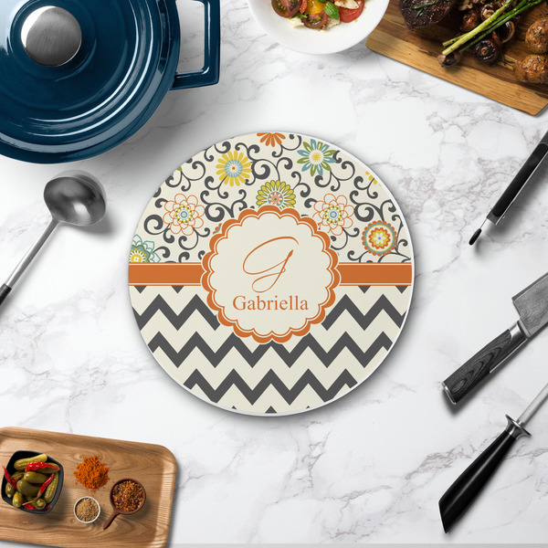 Swirls, Floral & Chevron Round Stone Trivet - In Context View