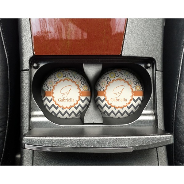 Swirls, Floral & Chevron Sandstone Car Coaster - In Cup Holder