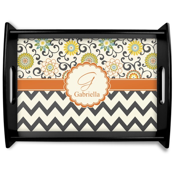 Custom Swirls, Floral & Chevron Black Wooden Tray - Large (Personalized)