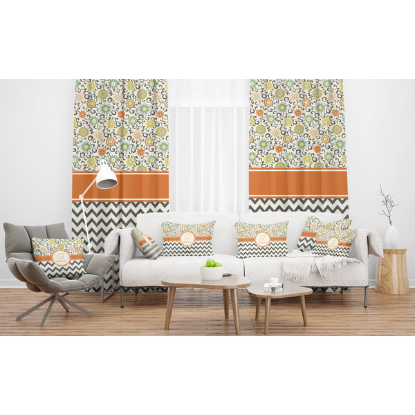 Swirls, Floral & Chevron Sheer and Custom Curtains in Room with Matching Pillows