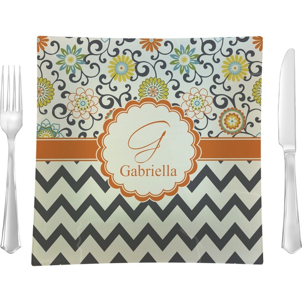 Custom Swirls, Floral & Chevron 9.5" Glass Square Lunch / Dinner Plate- Single or Set of 4 (Personalized)