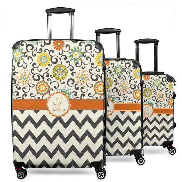 Custom Swirls, Floral & Chevron 3 Piece Luggage Set - 20" Carry On, 24" Medium Checked, 28" Large Checked (Personalized)