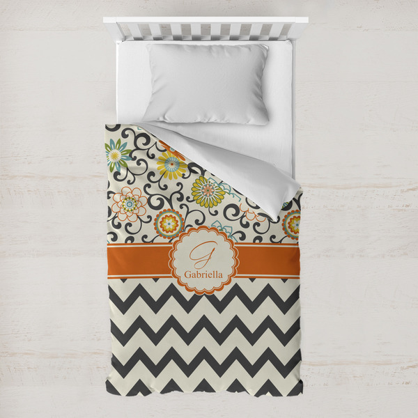 Custom Swirls, Floral & Chevron Toddler Duvet Cover w/ Name and Initial