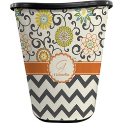Swirls, Floral & Chevron Waste Basket - Single Sided (Black) (Personalized)