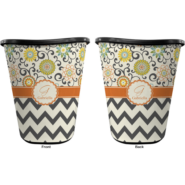 Swirls, Floral & Chevron Trash Can Black - Front and Back - Apvl