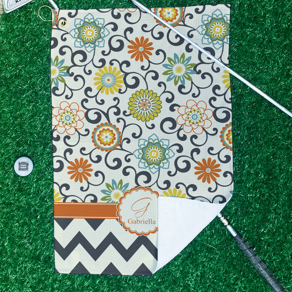 Swirls, Floral & Chevron Waffle Weave Golf Towel - In Context