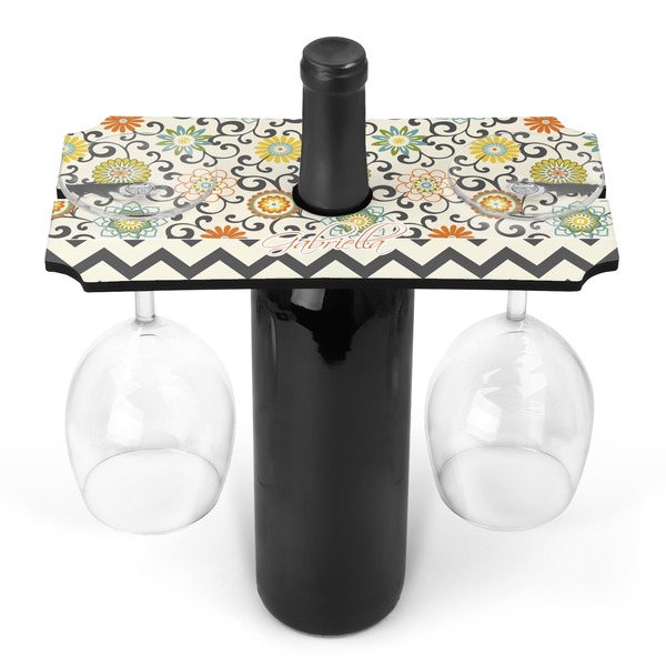 Custom Swirls, Floral & Chevron Wine Bottle & Glass Holder (Personalized)