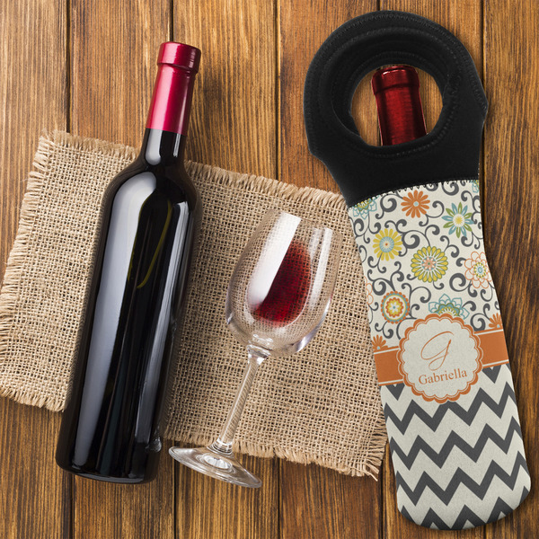 Swirls, Floral & Chevron Wine Tote Bag - FLATLAY