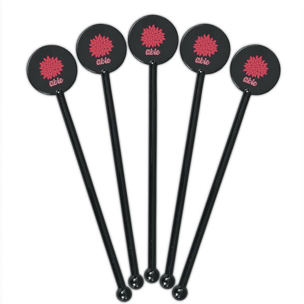 Mums Flower Black Plastic 5.5" Stir Stick - Round - Fan View