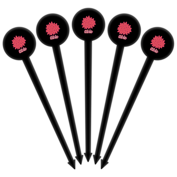 Mums Flower Black Plastic 6" Food Pick - Round - Fan View