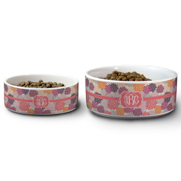 Mums Flower Ceramic Dog Bowls - Size Comparison