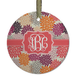 Mums Flower Flat Glass Ornament - Round w/ Monogram
