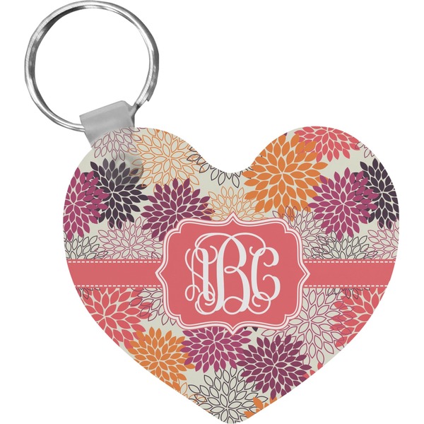 Custom Mums Flower Heart Plastic Keychain w/ Monogram
