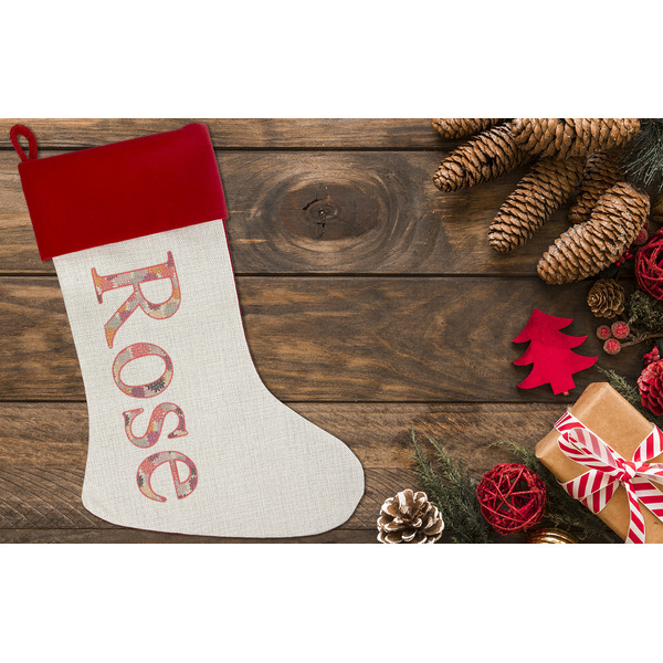 Mums Flower Linen Stocking w/Red Cuff - Flat Lay (LIFESTYLE)