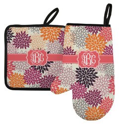 Mums Flower Left Oven Mitt & Pot Holder Set w/ Monogram