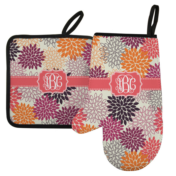 Custom Mums Flower Left Oven Mitt & Pot Holder Set w/ Monogram