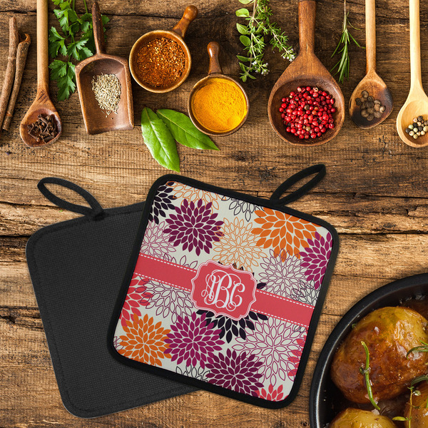 Mums Flower Neoprene Pot Holder - Set of 2  LIFESTYLE (Flatlay)