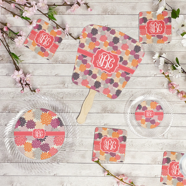 Mums Flower Party Supplies Combination Image - All items - Plates, Coasters, Fans