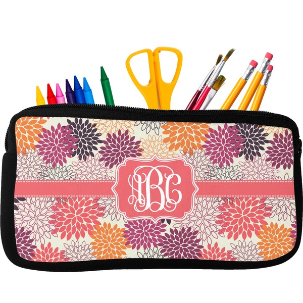 Custom Mums Flower Neoprene Pencil Case - Small w/ Monogram
