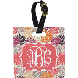 Mums Flower Plastic Luggage Tag - Square w/ Monogram