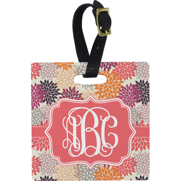 Custom Mums Flower Plastic Luggage Tag - Square w/ Monogram